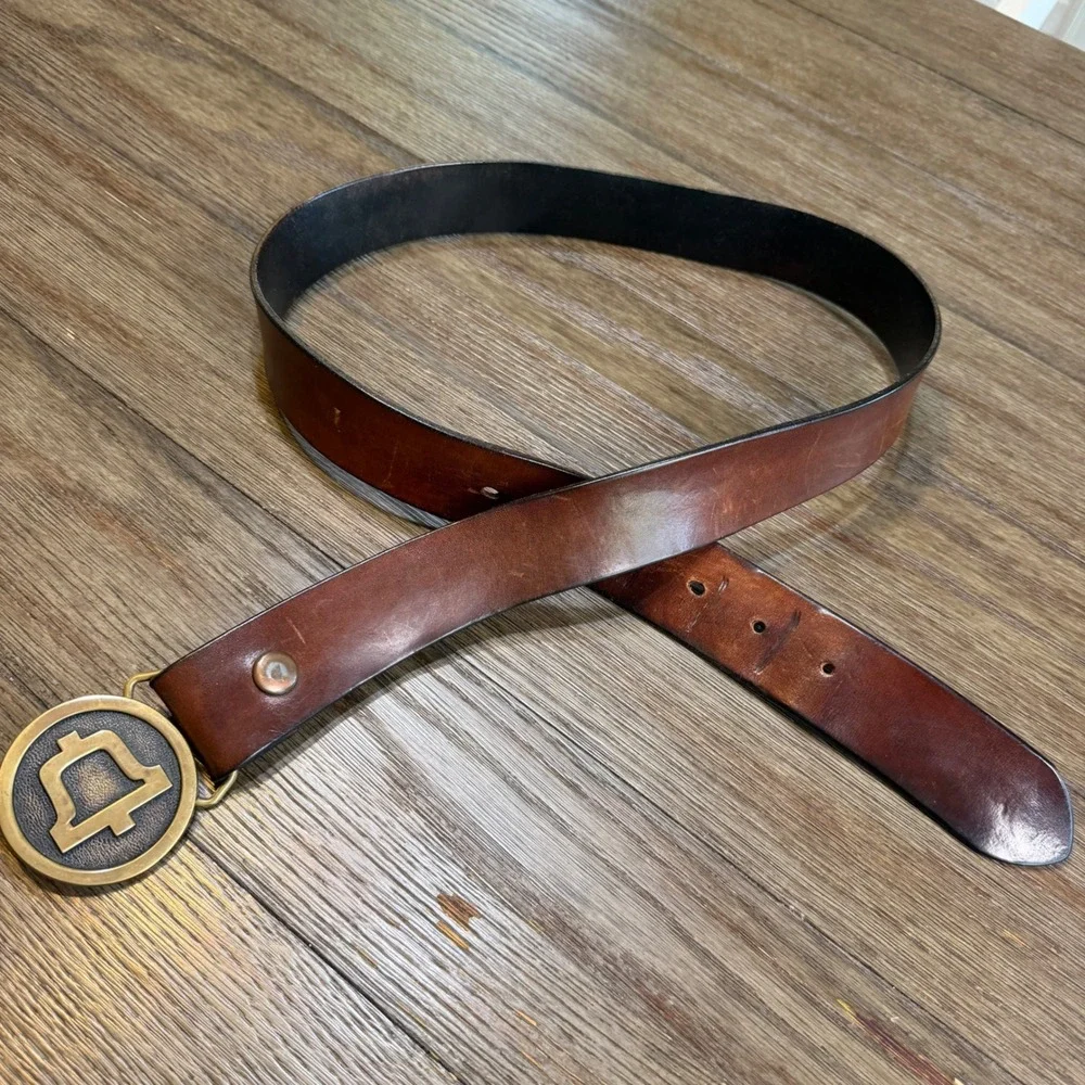 Vintage 1978 Bell Telephone Brass Buckle Brown Leather Belt Made in USA 34-40